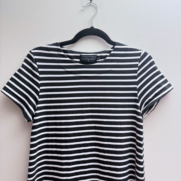 Duffield Lane Black White Stripe Preppy Shirt Sleeve T Shirt Dress Womens Small - Picture 2 of 6